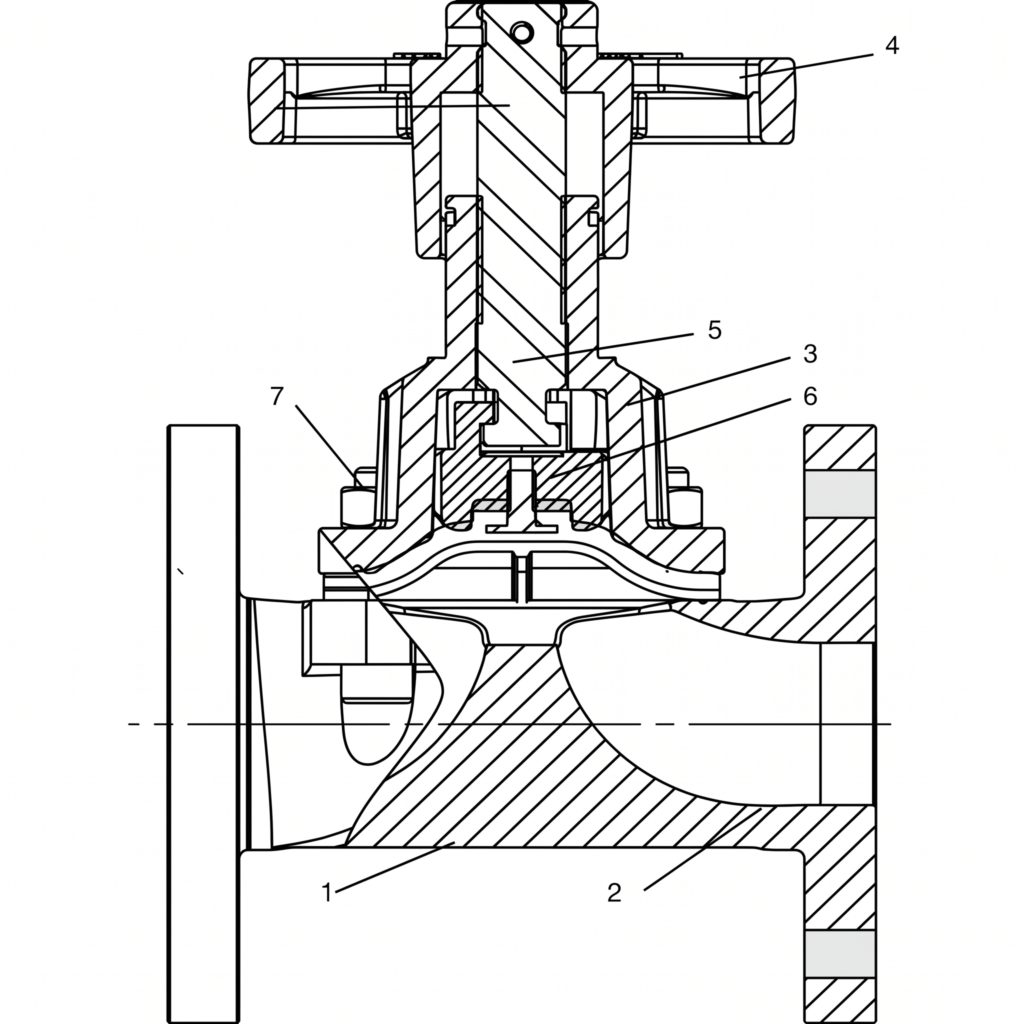 Glass lined Weir Type diaphragm valve technical drawing